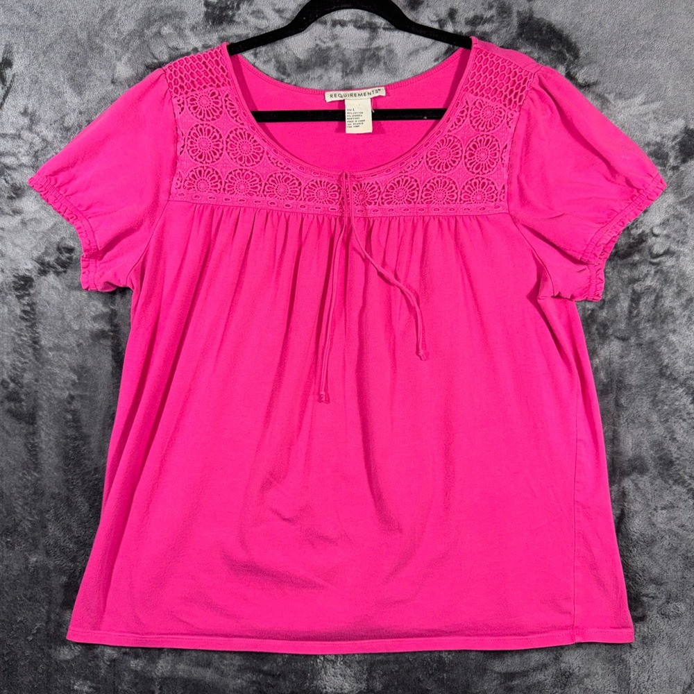 Requirements Womens Hot Pink Crochet Lace Yoke Short Sleeve Top Size L